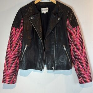 AMERICAN RETRO Kilie Black & pink leather moto jacket size small (EU36)
